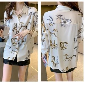 New Horse Print Long Sleeve Button Down Shirt Western Shirts